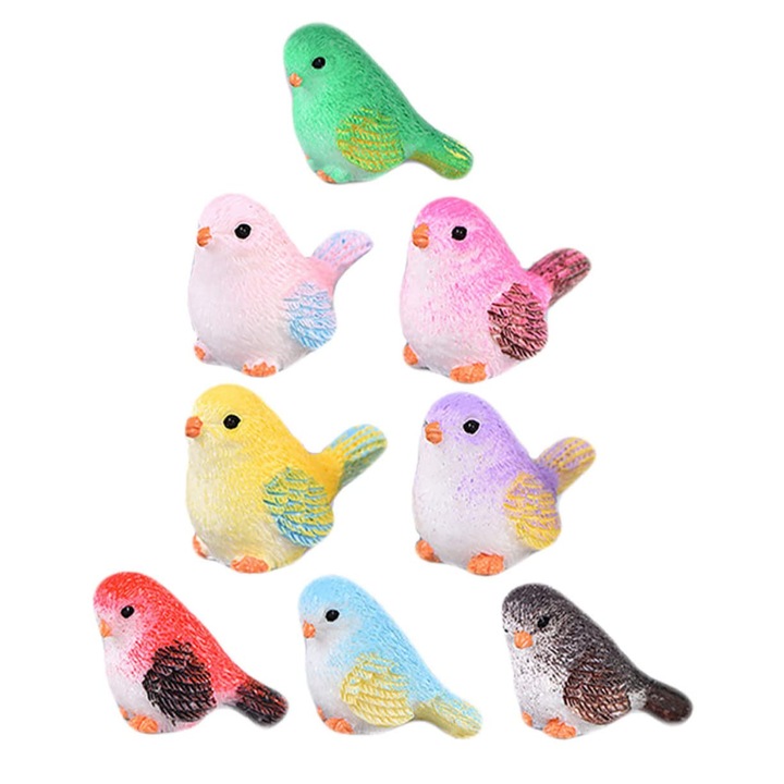 Set 8 Statuete in miniatura pentru gradina, Koungiam, Rasina, Model pasare, Multicolor