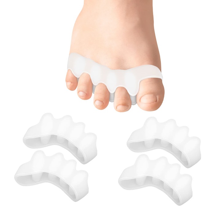 Set 4 bucati protectie pentru monturi si separator 5 degete, NUODWELL, Moale si intins, Lavabil si reutilizabil, Pentru alinierea corecta a degetelor, ameliorarea durerii de picior, Marime Universala, Silicon, Alb