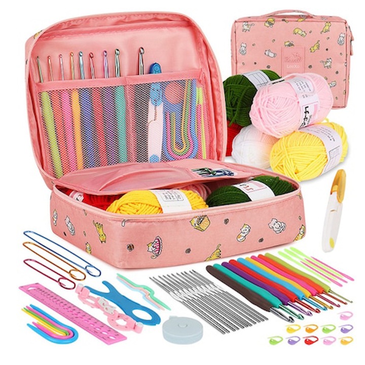 Set 58 produse de crosetat cu geanta depozitare roz, LeeXo