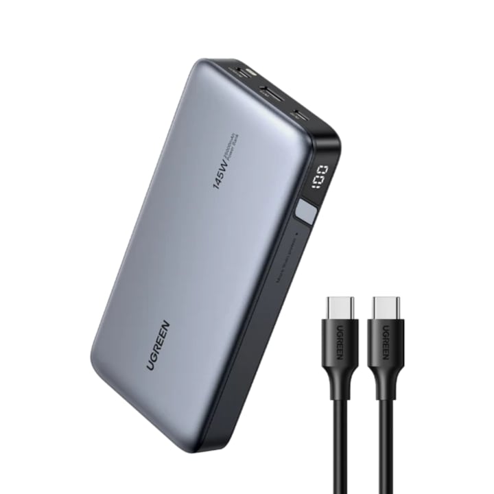 Powe bank Ugreen, 25000mAh, PD 3.0 + QC 3.0 145W, 1 x USB, 2 x USB Type-C, общо 3A, сив
