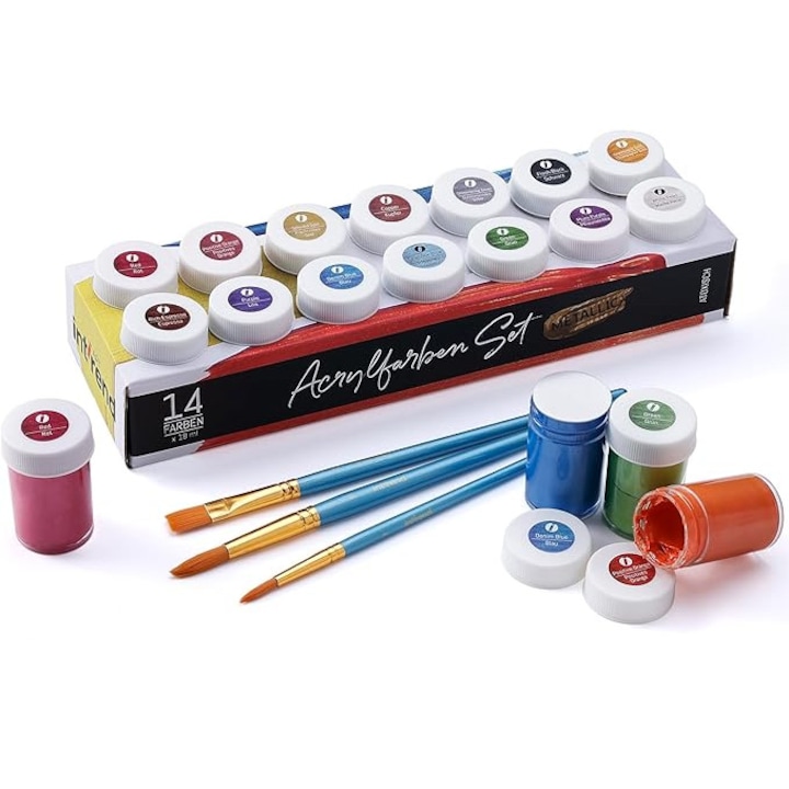Set Vopsea acrilica, int!rend, Metalizat, 14 culori, Rezistente la apa cu 2 pensule rotunde si o pensula plata