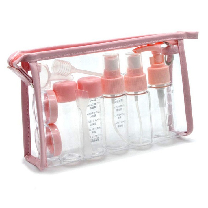 Set recipiente portabile pentru articole de toaleta, Plastic, 11 piese, Transparent/Roz