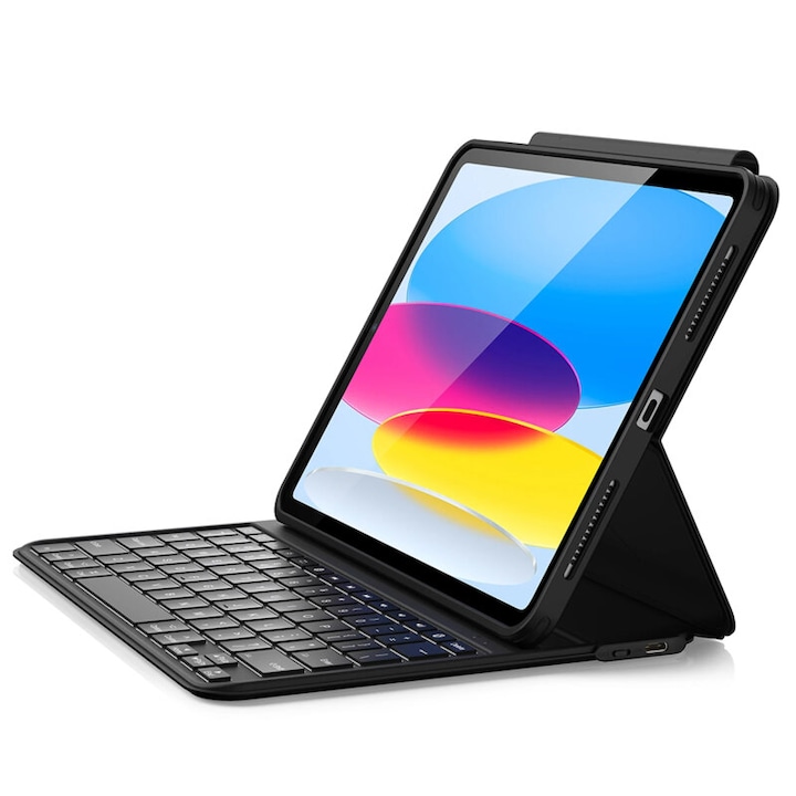 Защитен калъф за таблет, с клавиатура, съвместим с Apple iPad 10 2022, 10.9", Ascend Keyboard Lite, екологична кожа, черен