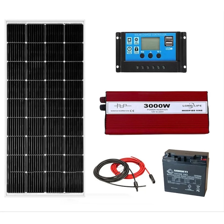 Kit solar fotovoltaic off grid invertor 3000W 12V si 24V, panou solar 200W, regulator/ controller 30A, baterie solara 20Ah AGM si 20 m cablu solar, duce frigider, becuri, televizor pentru cabana, rulota, casa, autorulota, container, iluminat, Solid Volt