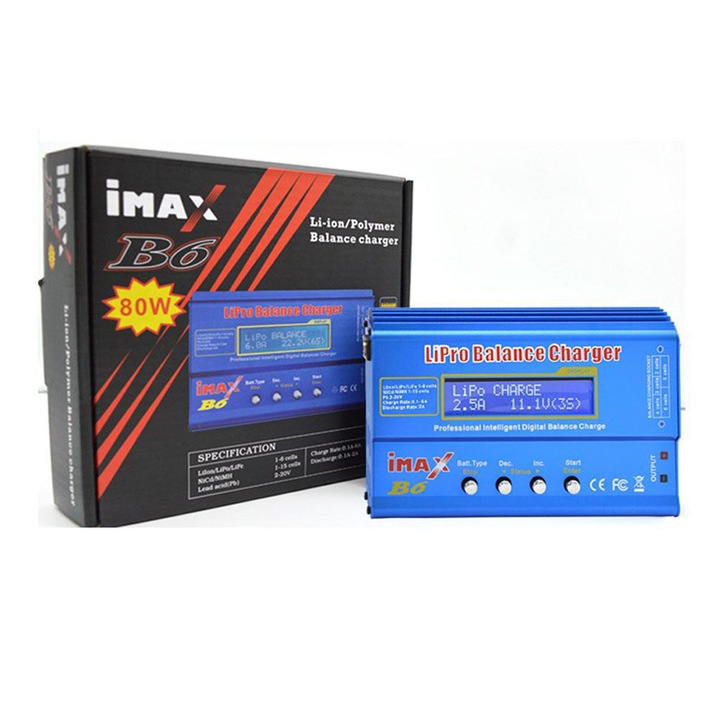 Lipo töltő 2s-6s Imax B6 akkumulátorokhoz Balance-Charger funkcióval, 1150 mAh, 80W, 6A, kék