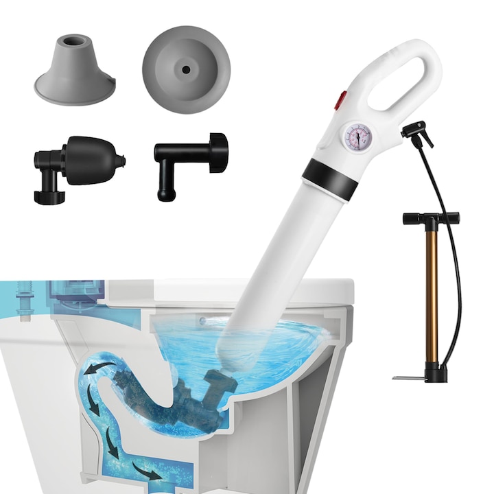 Piston pentru toaleta cu aer cu un umflator, XIUWOO, Blaster cu piston, unealta de deblocare, dispozitiv de indepartare a coloanei de sarpe cu barometru, pentru toaleta, bucatarie, baie, dus, alb