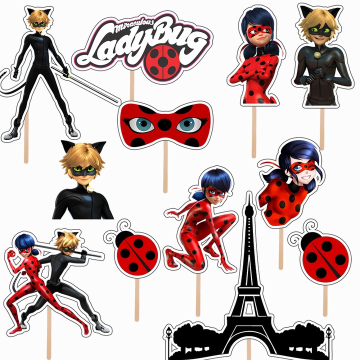 Set 12 figurine tort Buburuza si Motan Noir, KZE Prints, Photo Paper Glossy