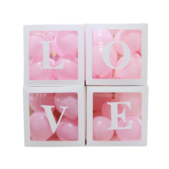 Set 4 Cutii Decorative cu 100 Baloane Latex, pentru Ziua Indragostitilor/ Nunta, Koungiam, 30x30x30cm, Transparent, Model LOVE