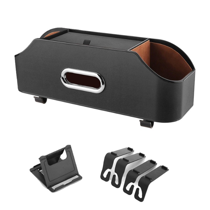 Organizator portbagaj auto, Cutie de depozitare auto multifunctionala, Cu suport pentru telefon mobil, Patru carlige,3 Compartimente, Portant puternic, ABS/Piele ecologica, Negru