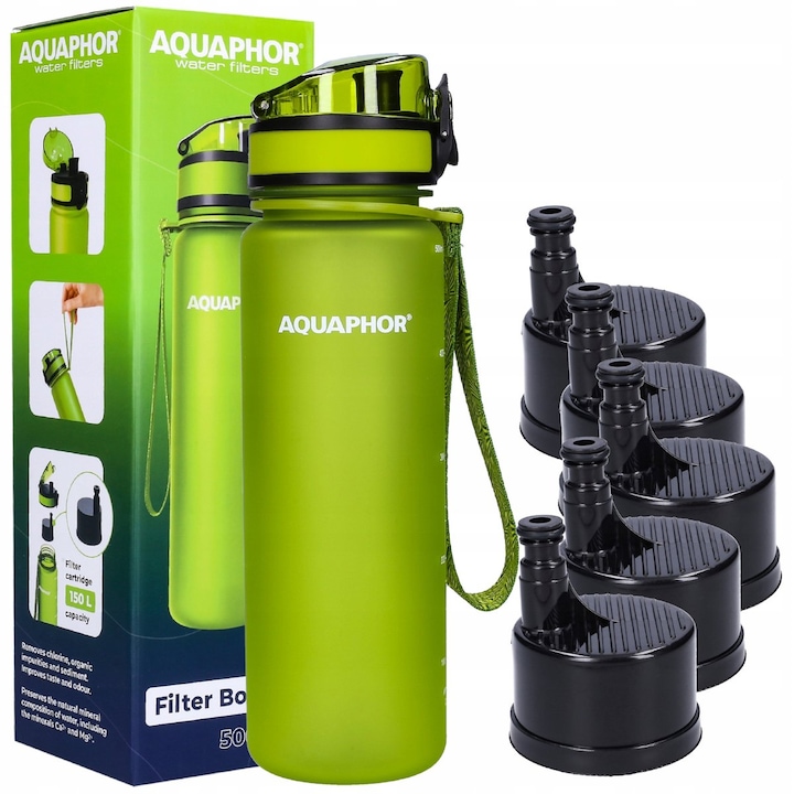 Филтрираща бутилка Aquaphor, City, Зелен, 500 мл, с 5 броя филтри