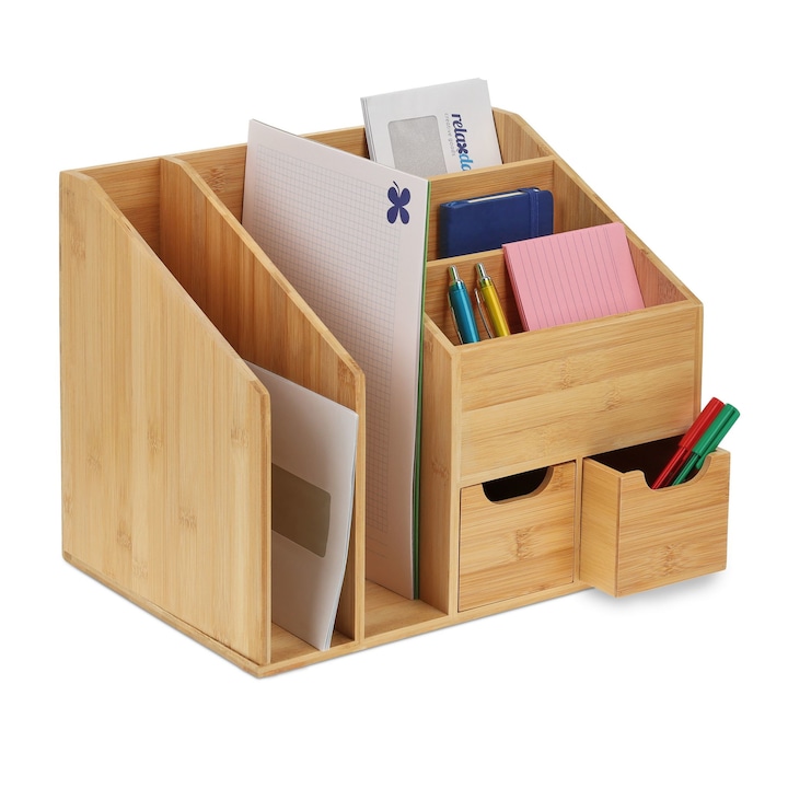 Organizator pentru birou, suport pentru documente, 5 compartimente, 2 sertare, bambus, 29 x 37 x 25 cm