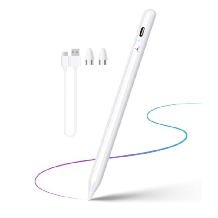 Stylus Ipad Pen univerzális, Louluna, Ceruza érintőképernyőhöz, Toll táblagéphez, iPhone, Android telefon, Karcmentes hegy, Mágneses, USB-C, 16,5 cm, Fehér