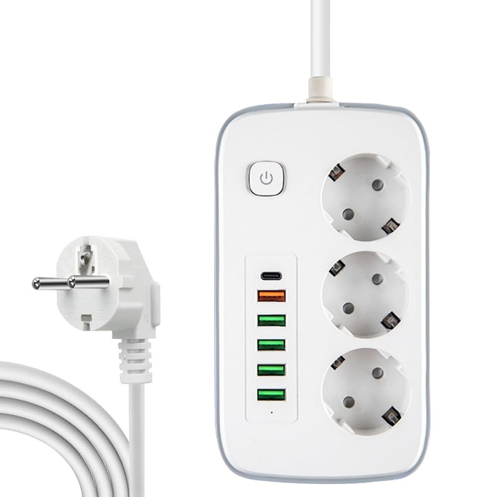 Смарт удължител, JESWO, 9в1, 3 гнезда, 5xUSB 5V/2.4A, 1 PD, 2м, ABS/PVC, Бял