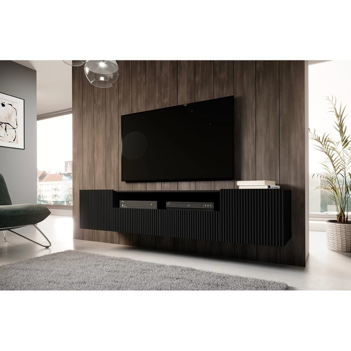 Comoda TV suspendata, Bogart, MDF, 200x40x45 cm, Negru