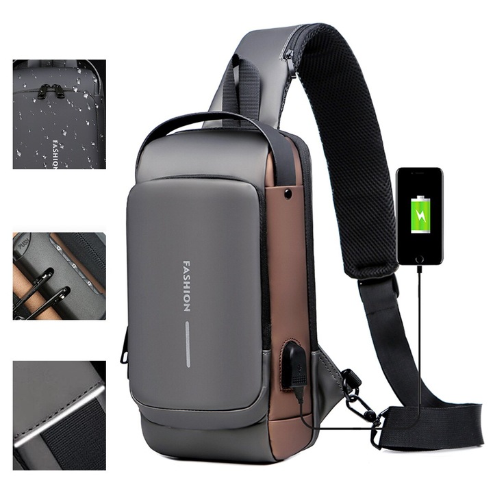 Мъжка чанта за през рамо, Crossbody, с USB поддръжка за зареждане, джоб против кражба, водоустойчив, скрит джоб за карта