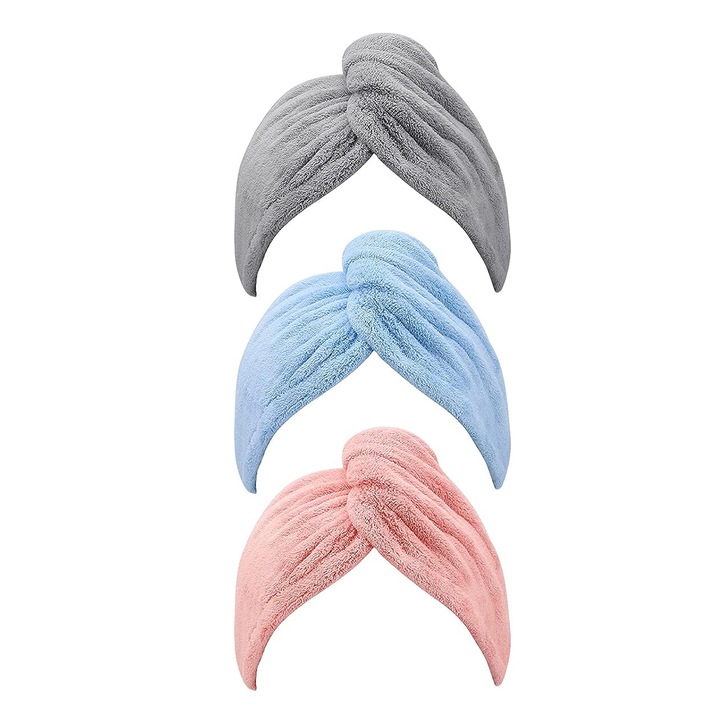 Комплект 3 микрофибърни кърпи тюрбан, 65 х 25 см, супер абсорбиращи, за бързо съхнене, многоцветни - Feike®