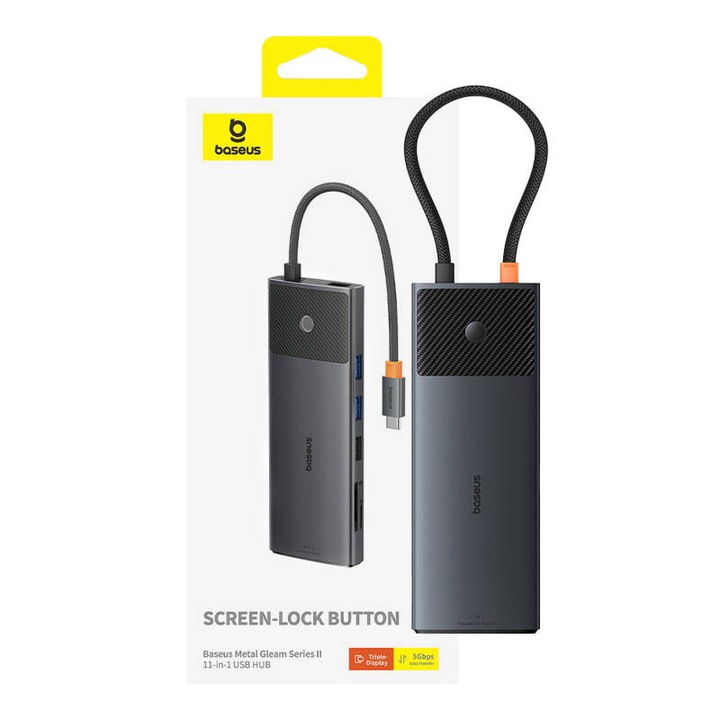 Хъб 11 в 1, Baseus Metal Gleam, USB-C, черен/сив