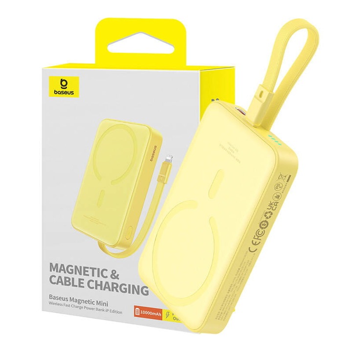 Power bank Magnetic Mini, Baseus, 10000 mAh, 20 W, USB-C, 212 g, 105.7 x 69 mm, Жълт
