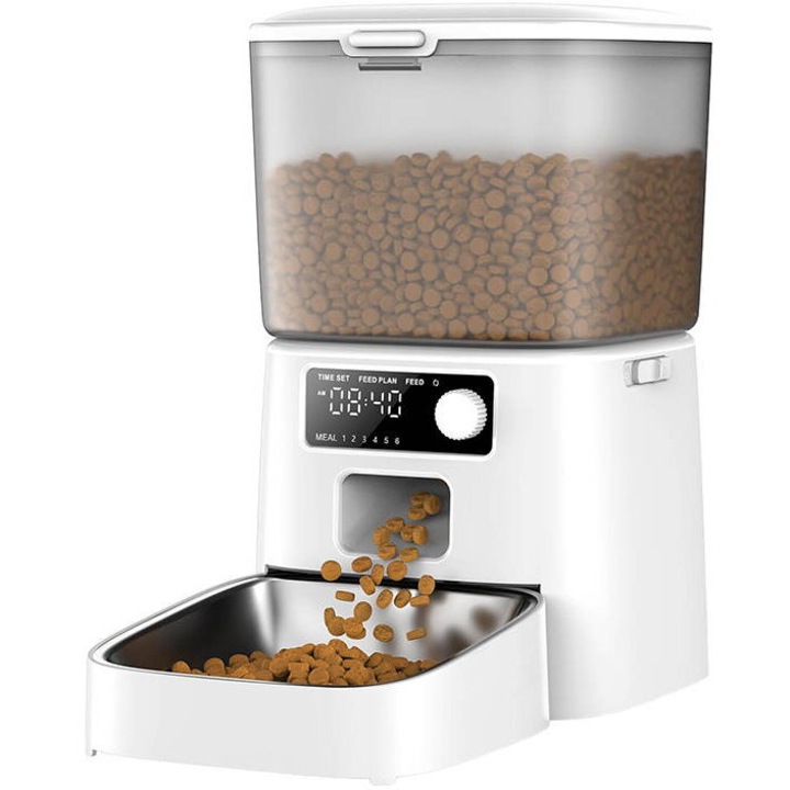 Dispenser smart hrana pentru animale de companie Oneisall PFD001 Pro, Capacitate 1.2 kg alimente uscate, Alb