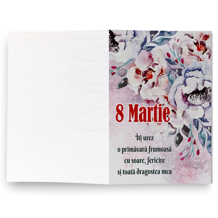 Felicitare pliata 8 Martie 10x15 cm cu plic roz inclus, carton texturat premium, 8 Martie, Flori, FPF-07