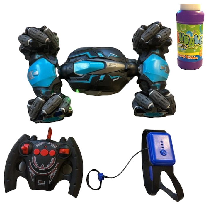 Masinuta TWIST, cu acumulatori, controlata prin miscarea mainilor sau telecomanda, rotire 360 grade, albastra si 1 rezerva solutie balonase sapun 236 ml