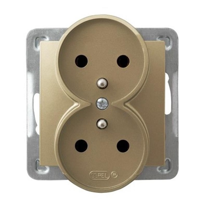 Priza dubla Ospel, Plastic, 16A, IP20, Auriu