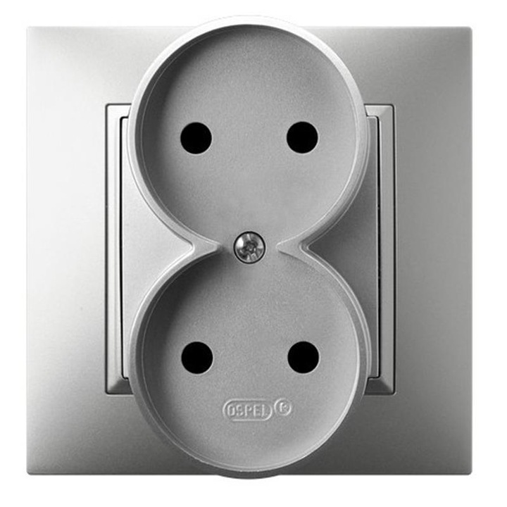 Priza dubla Ospel Aria, Plastic, 16A, IP20, Argintiu