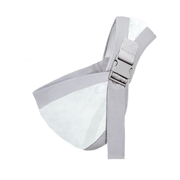 Sistem de purtare lateral, tip port-bebe, pentru bebelusi si copii, din bumbac si plasa, cu multiple pozitii de utilizare, usor de transportat si de utilizat, ajustabil, suporta pana la 20 de kg, Gri