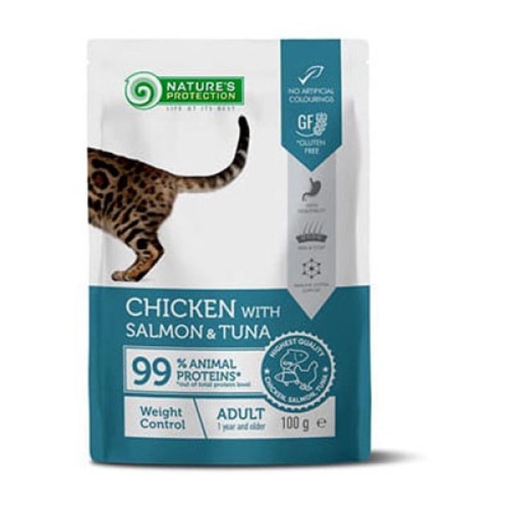 Hrana pentru controlul greutatii adultilor, Nature's Protection, cu pui/somon/ton, 100g