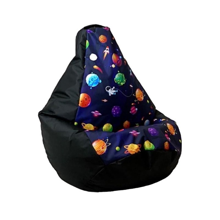 Fotoliu puf Sako para, Go Gift, Oxford/Polistiren, Model planete, 105x80 cm, Negru/Multicolor