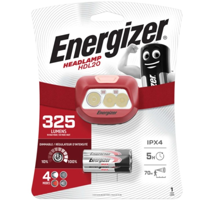 Комплект челник с 3 батерии AAA, Energizer, Пластмаса, 3 светодиода, IPX4, Червен