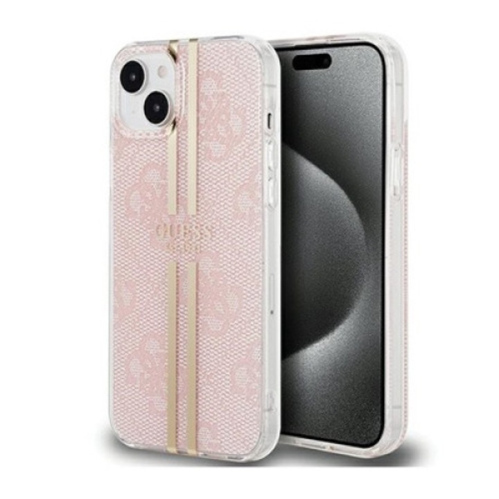 Husa telefon, Guess, pentru iPhone 15 Plus / 14 Plus, TPU, Roz/Auriu