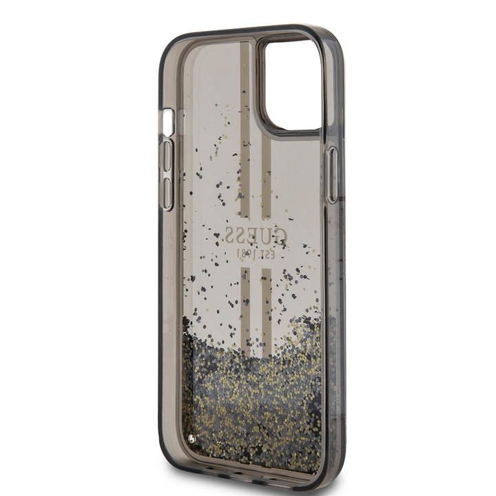 Husa Guess Liquid Glitter Gold Stripe compatibila cu iPhone 15 Plus Negru