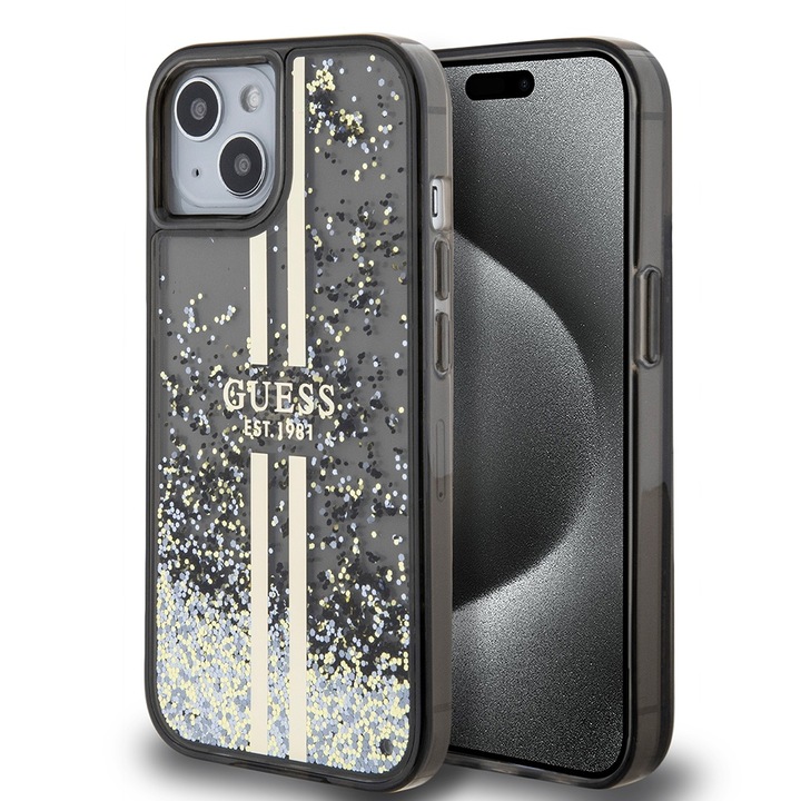 Tok iPhone 15 / iPhone 14 / iPhone 13 telefonokhoz - Guess Liquid Glitter Gold Stripes (GUHCP15SLFCSEGK) - Fekete