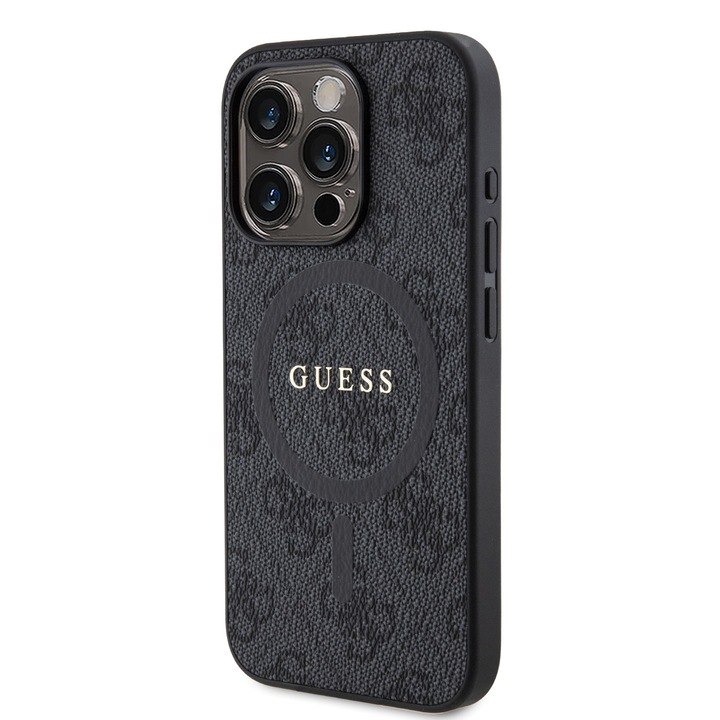 Husa telefon pentru iPhone 15 Pro, Guess, Piele ecologica, Negru