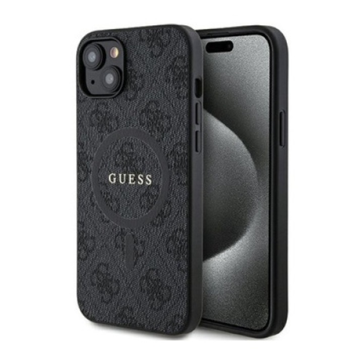 Калъф за телефон MagSafe, Guess, колекция 4G, съвместим с iPhone 15 Plus / 14 Plus, екологична кожа, черен