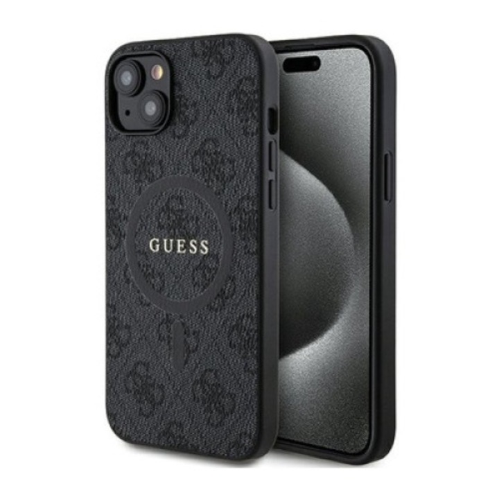 Husa telefon MagSafe, Guess, colectia 4G, compatibila iPhone 15 Plus / 14 Plus, piele ecologica, negru