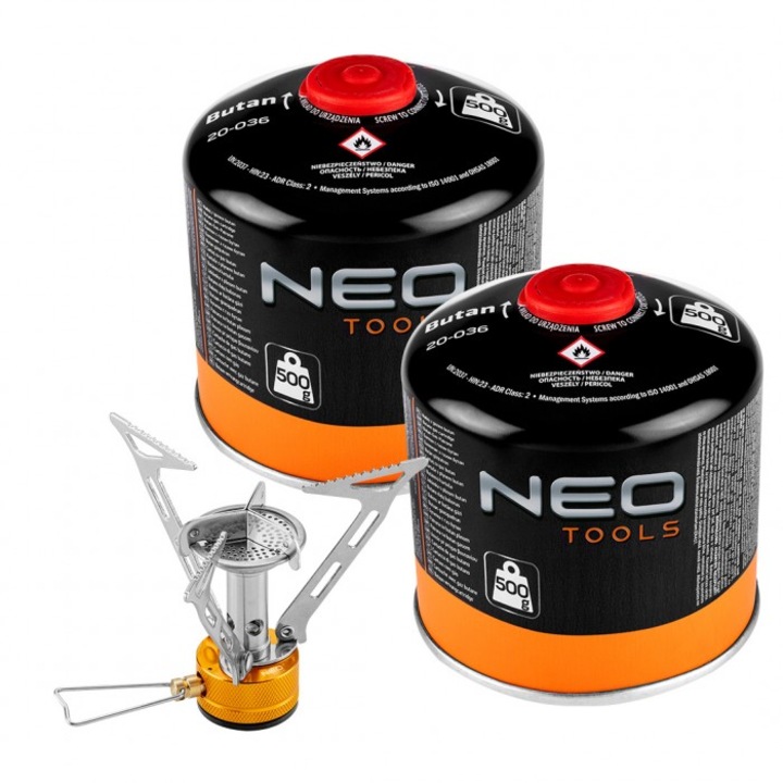 Комплект горелка за къмпинг и 2 газови патрона, Neo Tools, Inox, 3000W, Multicolor