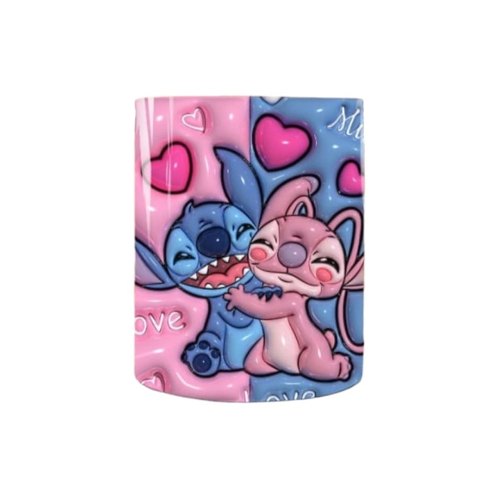 Cana personalizata, Stitch and Angel Valentine Day, Ceramica, Alb, 350 ml