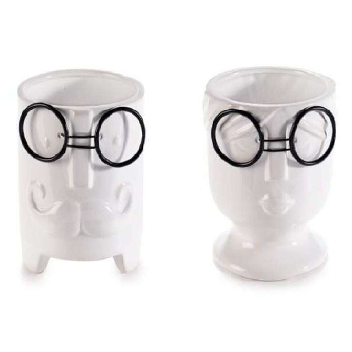 Комплект 2 броя бели керамични съдове "Момичета с очила"