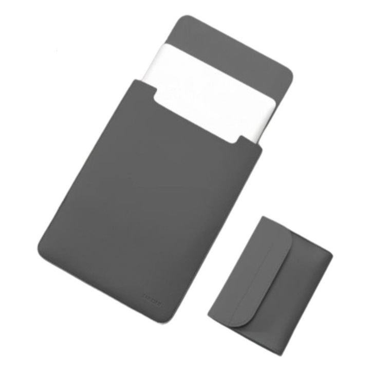 Mapa si mini geanta THD, protectie si transport laptop Apple Macbook Pro (M3) 14 inch, Apple Macbook Pro (M2) 13.3 inch si Apple Macbook Air (M2) 13.6 inch, piele ecologica, gri inchis