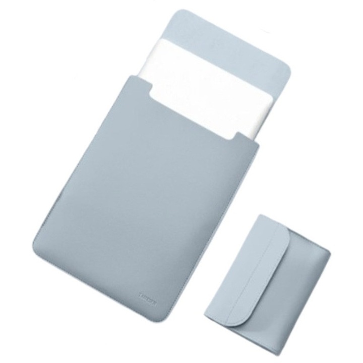 Mapa si mini geanta THD, protectie si transport laptop Apple Macbook Pro (M3) 14 inch, Apple Macbook Pro (M2) 13.3 inch si Apple Macbook Air (M2) 13.6 inch, piele ecologica, albastru ciel