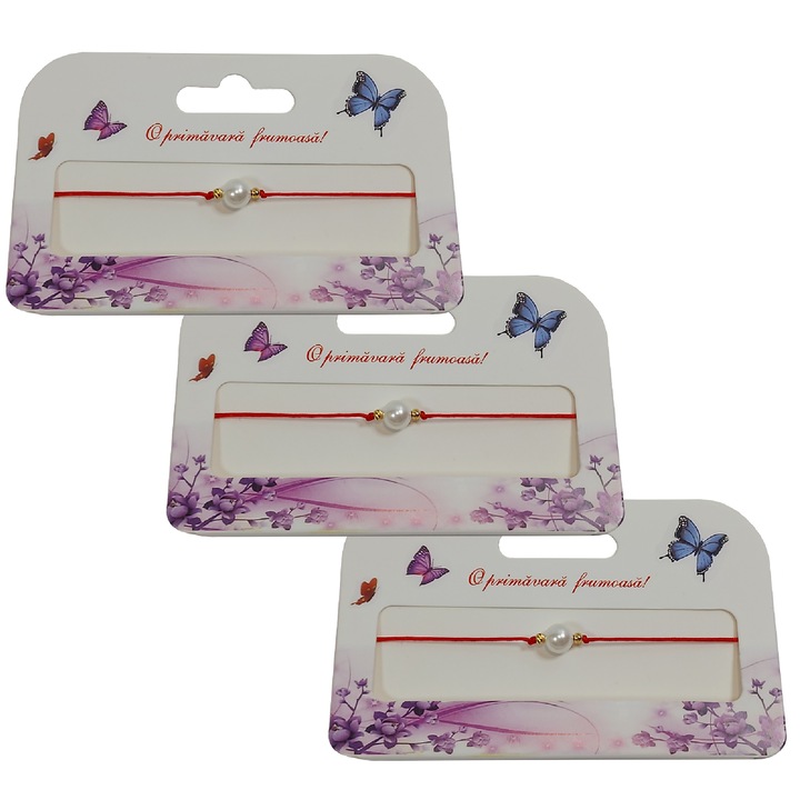 Set 3 Bratari Martisor ArtDeco, lucrate manual cu snur rosu si perla alba de sticla stil Mallorca, reglabila 10-25 cm