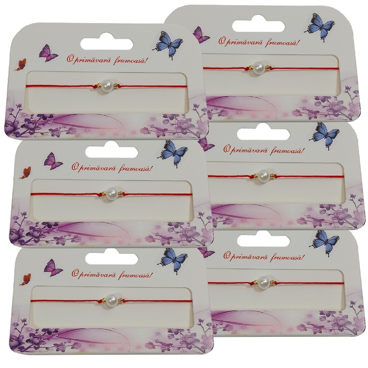 Set 6 Bratari Martisor ArtDeco, lucrate manual cu snur rosu si perla alba de sticla stil Mallorca, reglabila 10-25 cm