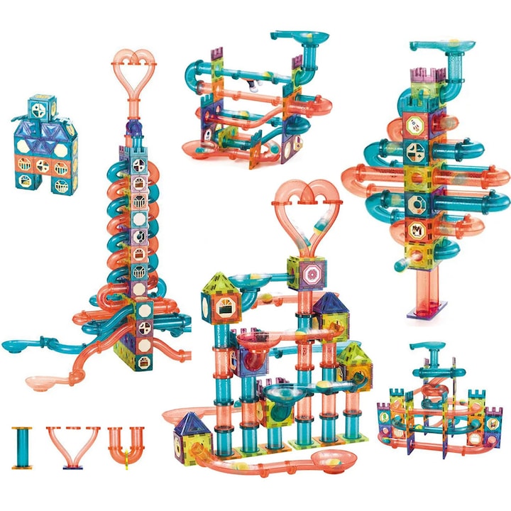 Set 262 piese magnetice de construit educational si creativ pentru copii, SOLTOY® Magic Magnetic Blocks Labyrinth, numeroase posibilitati de construire, dezvoltare abilitati motorii si practice, distractie in familie