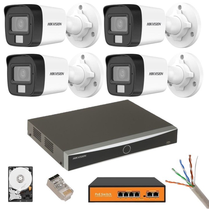 Kit Supraveghere, Hikvision, 4 camere IP 8MP, Dual Light IR, NVR 12MP, microfon, 500GB HDD, accesorii incluse