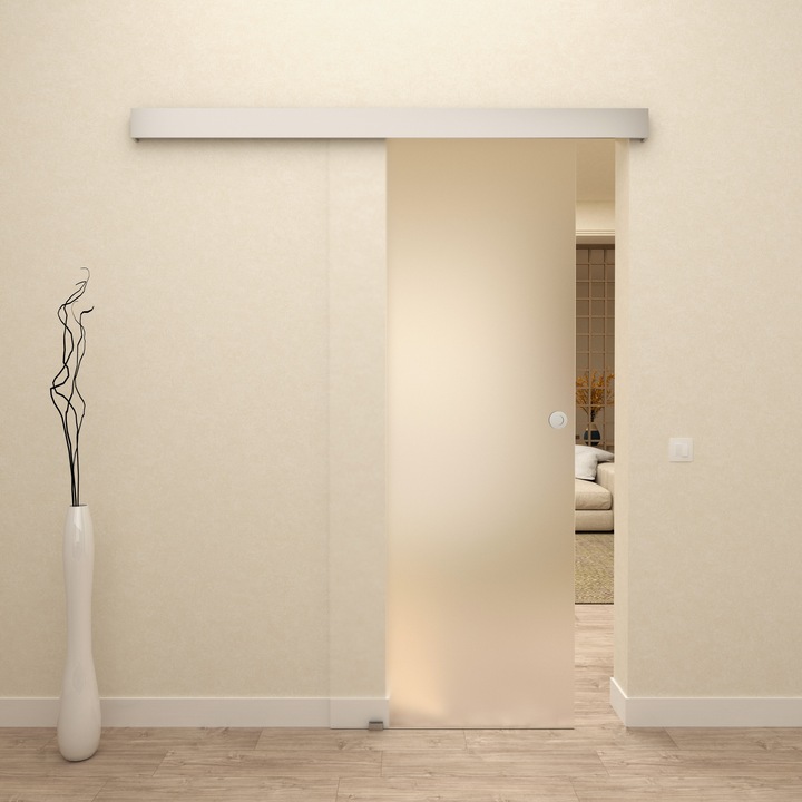 Usa glisanta, Sticla securizata sablata de 8 mm, Culisanta, Deschidere in ambele directii, Accesorii Feronerie Argintiu, 85 x 215 cm
