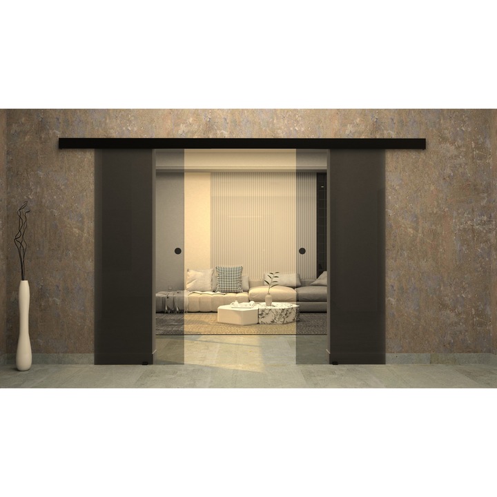 Usa glisanta dubla, Sticla securizata gri de 8 mm, Culisanta, Deschidere in ambele directii, Accesorii Feronerie Negru Mat, 65 + 65 x 215 cm