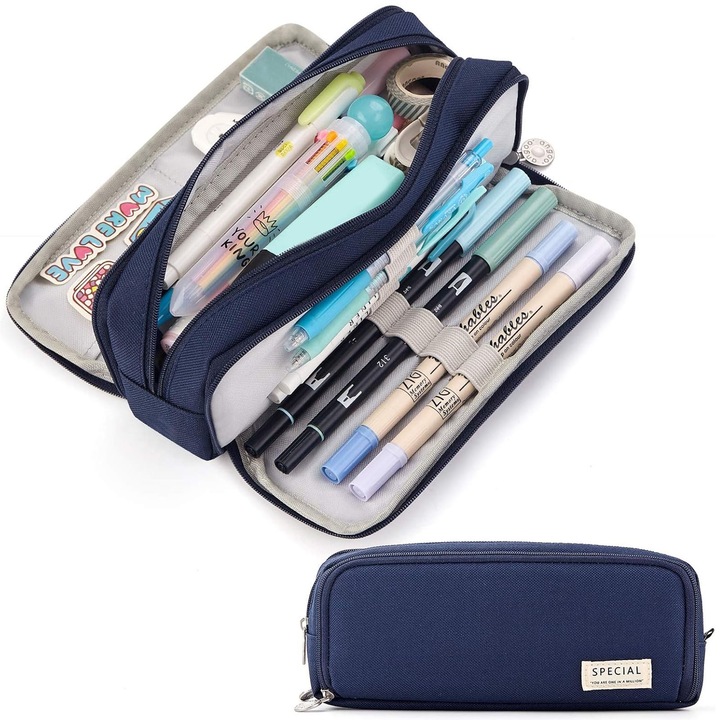 Penar scolar mare cu trei compartimente tip borseta, Axroad Mall, Penar pentru copii, Design cu fermoar, Usor de curatat, Pentru majoritatea pixurilor si creioanelor, cleme, benzi de corectare a riglelor, markere, Panza, 21x8.5x5 cm, Marin
