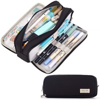Penar scolar mare cu trei compartimente tip borseta, Axroad Mall, Penar pentru copii, Design cu fermoar, Usor de curatat, Pentru majoritatea pixurilor si creioanelor, cleme, benzi de corectare a riglelor, markere, Panza, 21x8.5x5 cm, Negru